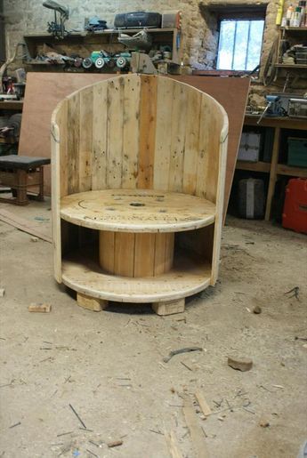 Cable spool repurposed as tables and chairs, house and garden furniture.